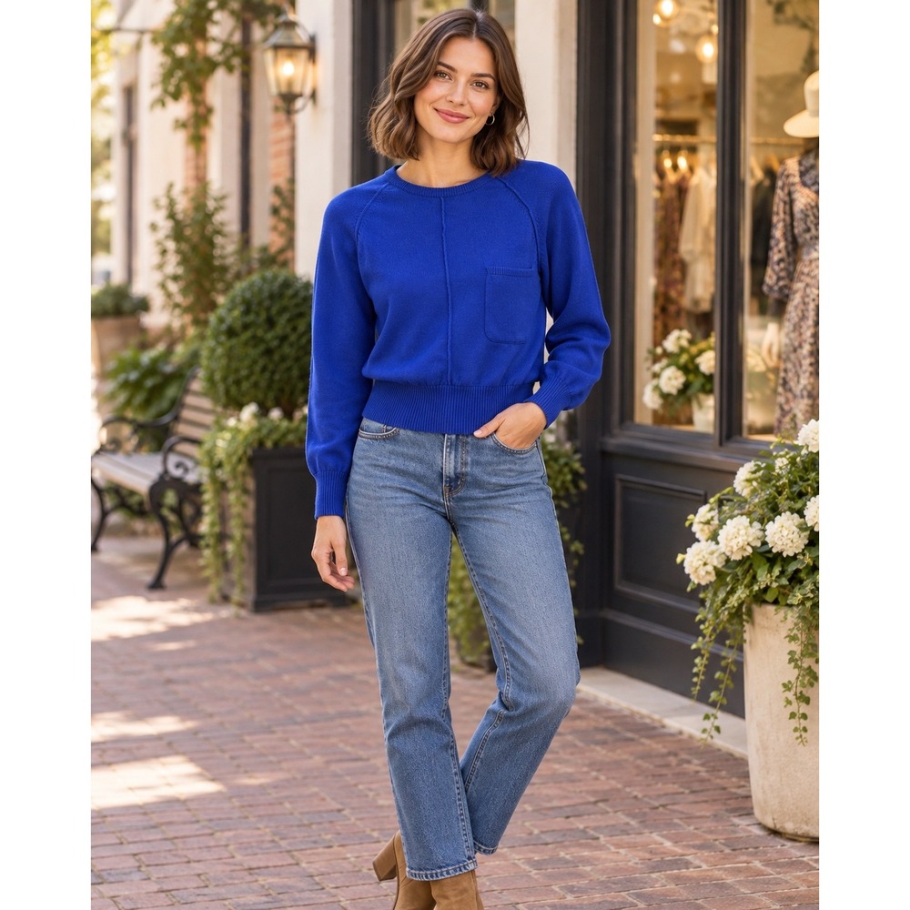 Vintage Liz Claiborne Women's Medium Cobalt Blue Sweater Shoulder Pads Pocket